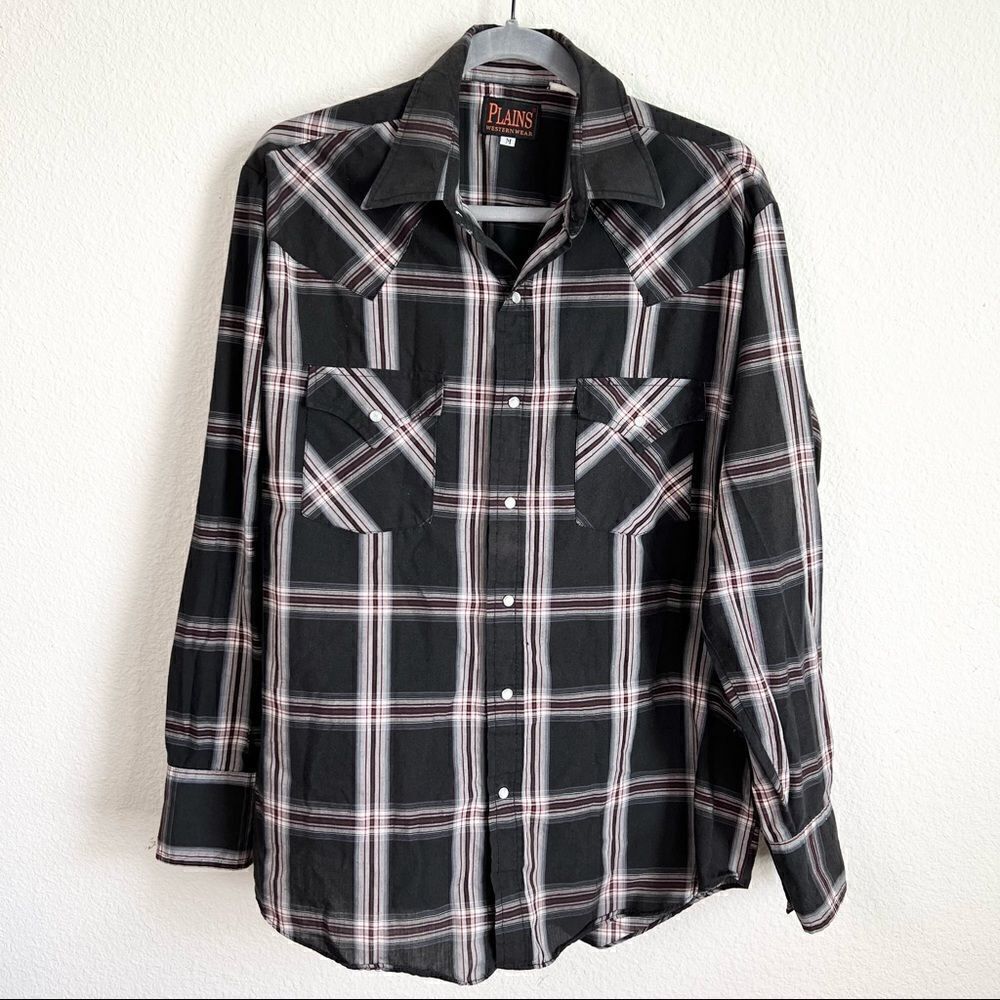 VINTAGE Plains Western Wear Black Plaid Pearl Snap Button Down Cowboy Shirt M